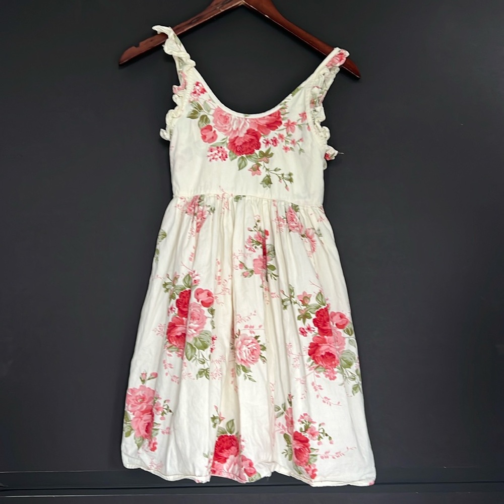 Girl’s Sleeveless Summer Dress Crème Pink Size 12 100% Cotton Rose Pattern